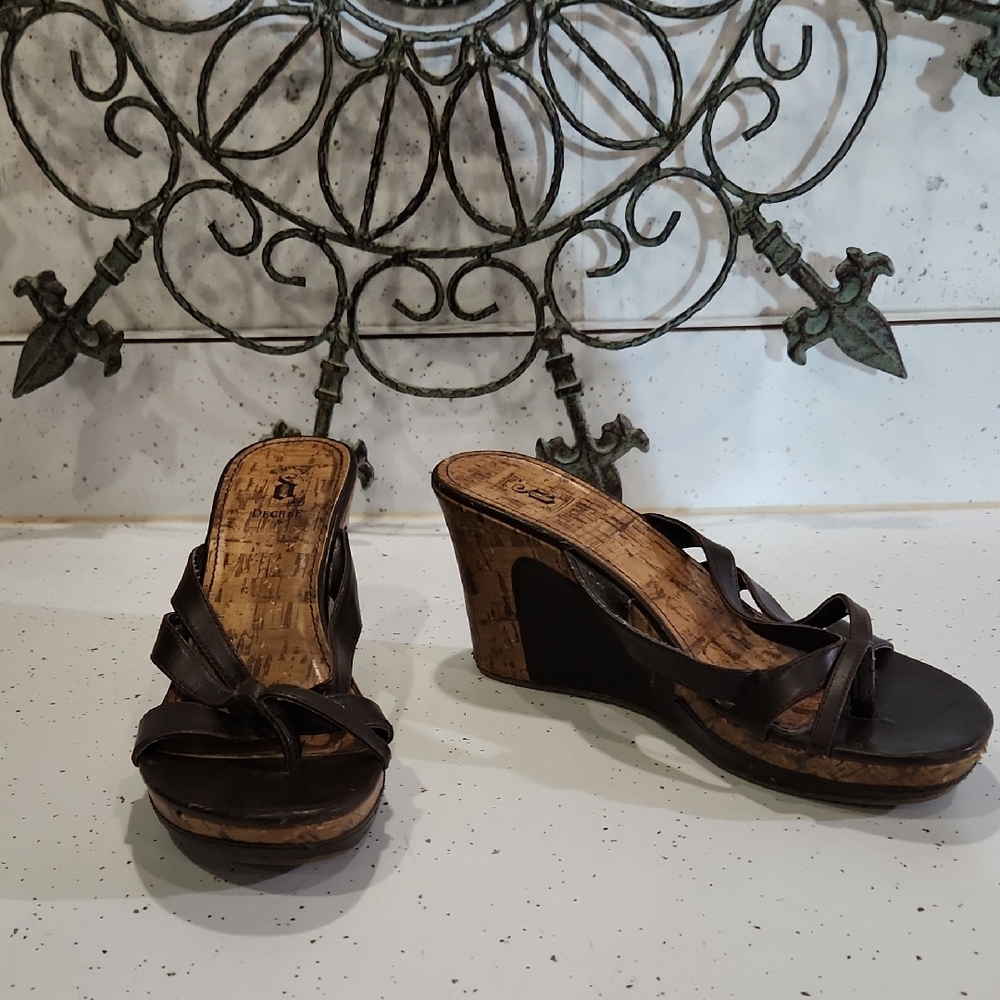 Decree Brown Wedge Sandals with Cork Heel - See wear to back heel